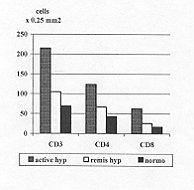 Fig. 2 - CD3, CN, CD8 lymphocytes per 0,25 MM2 in scar tissues.