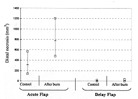 Fig. 9 - Graphic representation of distal flap necrosis in phase 1 and 3 studies (acute versus delay flaps).