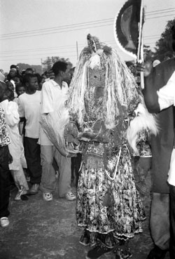 Fig. 2A masquerader with young boys around him. Any source of fire in the vicinity of this costume is obviously dangerous