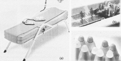 Fig. 1a) Left: the infrared bed with the rollers inside and jade nodes on it. b) Upper right: farinfrared rollers inside the bed moving to and fro. c) Lower right: far-infrared jade nodes.