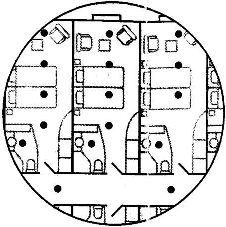 Fig. 2Fire safety. Aboard the Aidadiva, safety is ensured every three centimetres by smoke- and fire-detectors and by sprinkler devices (dots). The most sensitive sensors communicate to the bridge and the safety centre even the presence of cigarette smoke or steam from an overlong shower
