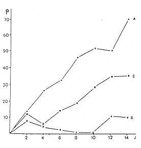 Fig. 3a Courbe de crois,sance: Groupe A: t~moins. Groupe B: bruls. Groupe C: bruls-exciss (P: poids lc jour du. sacrifice - poids A JO, en grammes).