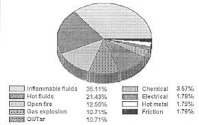 Fig. 3b - Distribution of causes of burns at work.