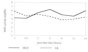 Fig. 4 - Changes of plasma SOD activity during first 24 hours post-burn (* p<0.05)