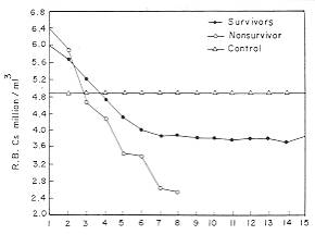 Fig. 1 - Mean values of red blood cell count in survivors, non-survivors and control groups.