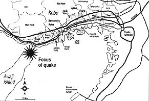 Fig. 3 - Epicentre of the Great Hanshin-Awaji Earthquake and the area most affected.