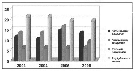Fig. 1 The most frequent isolated in Burn Department and ICU (in %)