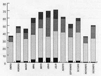 Figura 3.Distribuciòn mensual de los mismos pacientes quemados como los detallodos en la Figura 2.